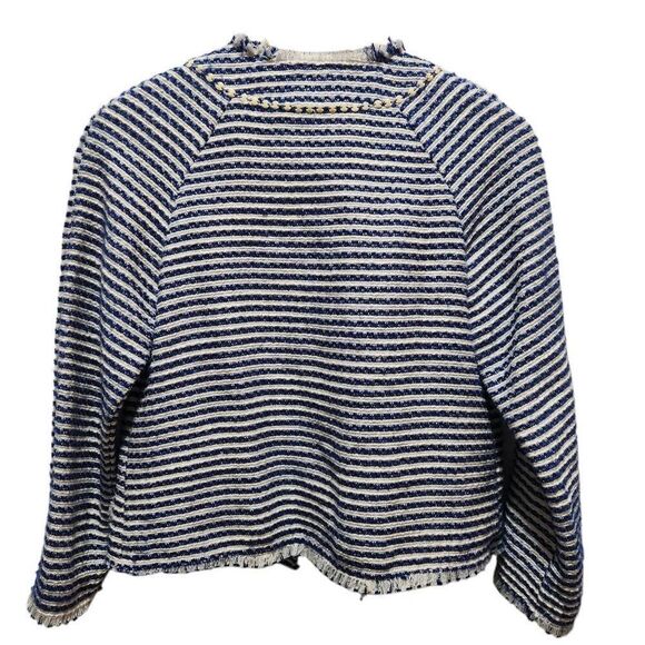 Marchesa Voyage open front cardigan jacket blue white stripe beaded pocket sz 4 - Picture 3 of 7
